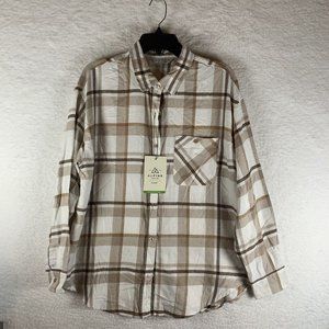 Alpine Design Shirt Women's Medium Beige Plaid Cotton‎ Flannel Button-Up 7005